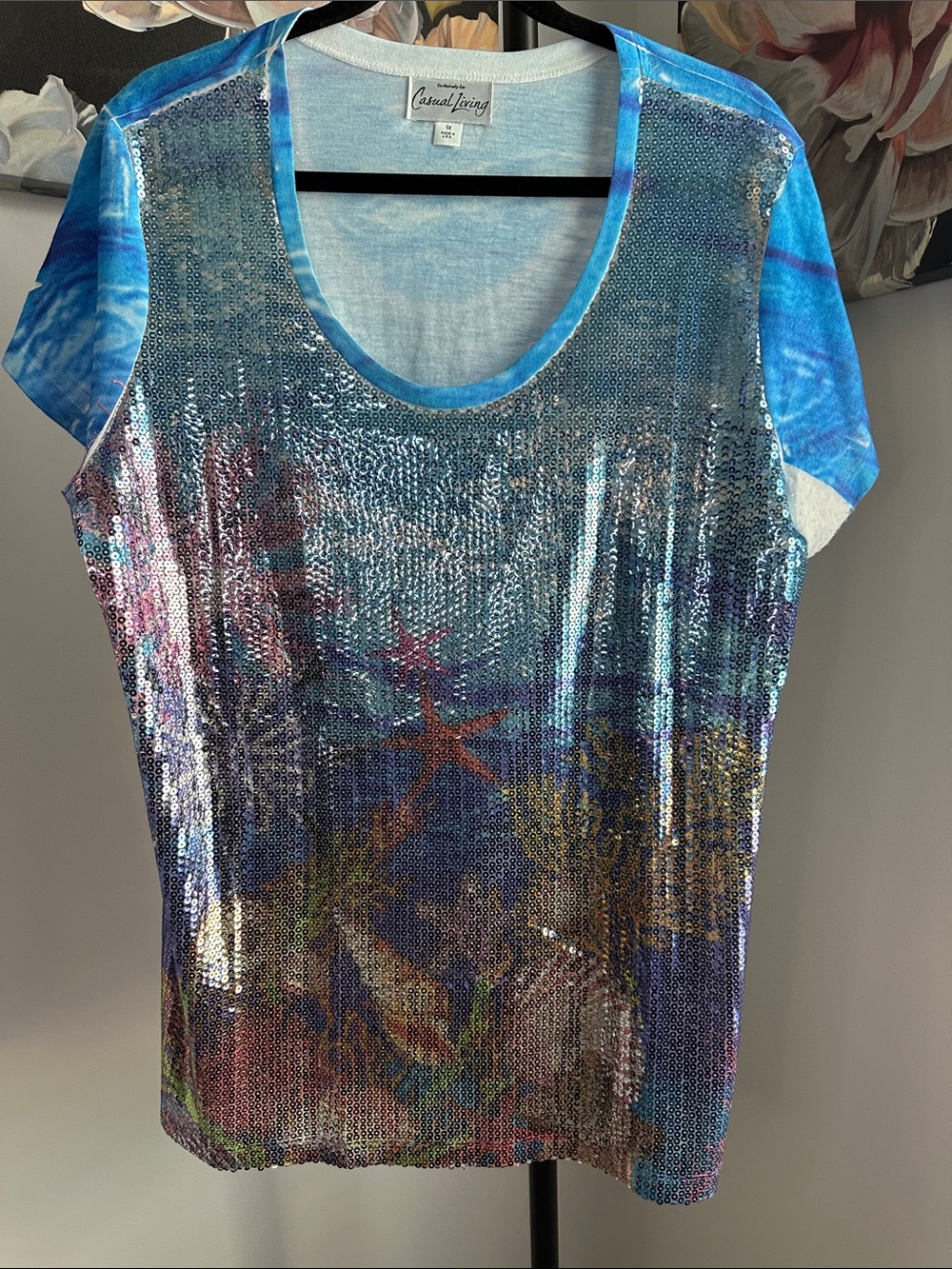Blue Sequin Short Sleeve Tee with Multicolor Sequin Front
